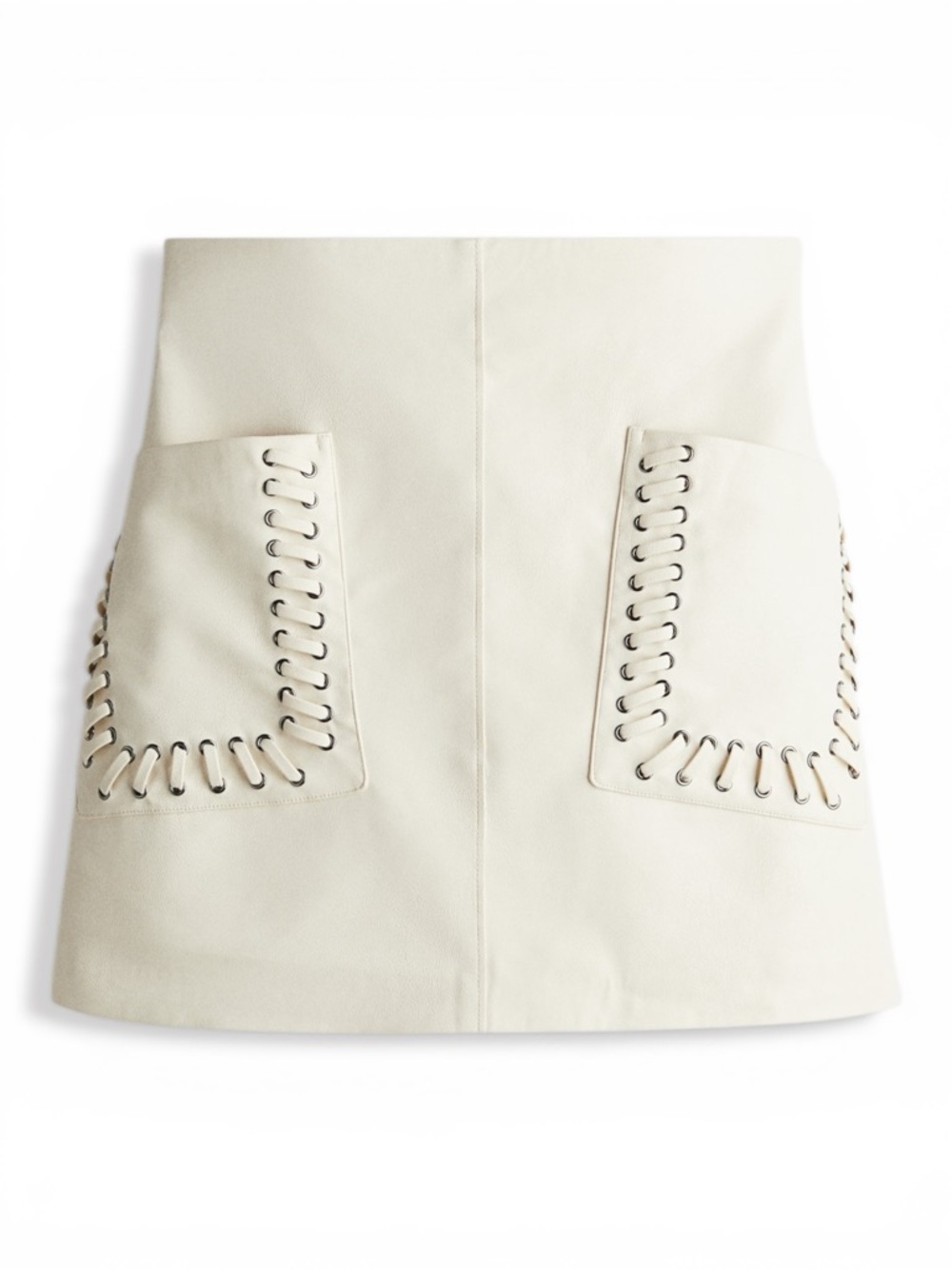 H&M EDITION Coated Mini Skirt Cream Faux Leather Lace-Up Pockets NWT Size 4
